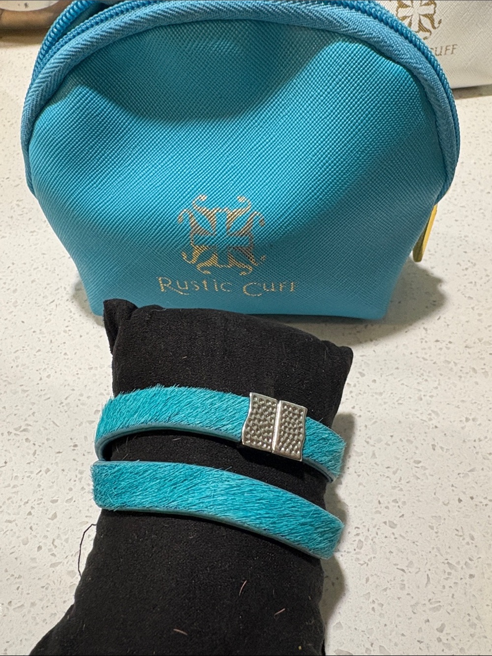 Rustic Cuff Turquoise Double Wrap Bracelet with Silver Clasp and Pouch